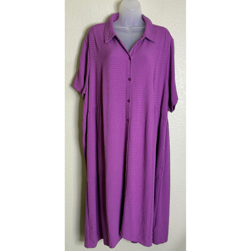 LOGO Lori Goldstein Womens 1X Shirt Dress Purple Waffle Knit Button Front Pocket